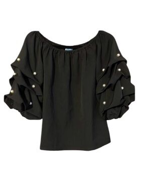 Elegant black blouse by CeC Ruffled sleeves with pearl accents Like new Size M
